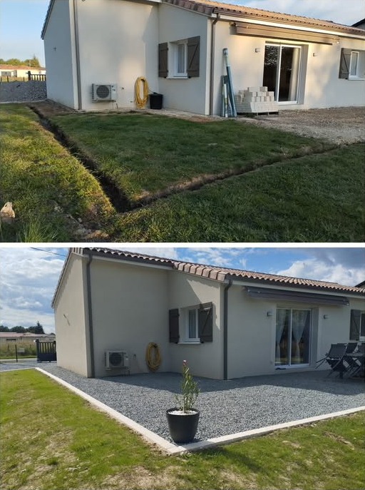 Vue avant/après  de la réalisation d'une terrasse gravillonnée avec bordure pavée à l'arrière d'une maison individuelle.
