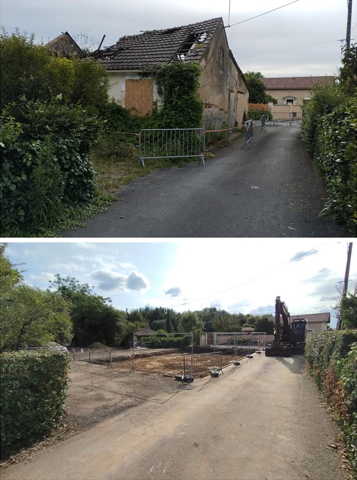 Vue de la maison en ruine avant démolition.